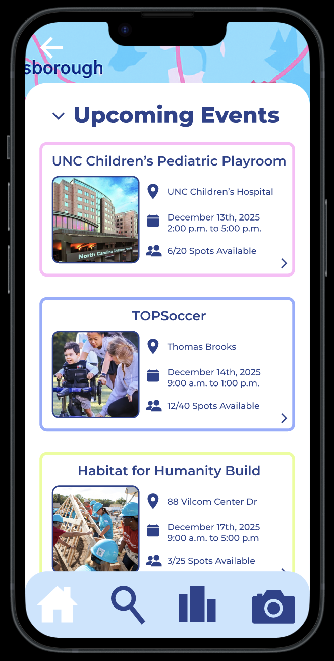 Figma design for a volunteering and community app.